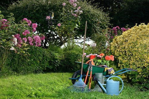 Professional lawn mower cutting a spacious Northolt garden